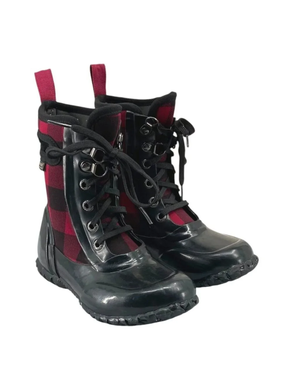 Bogs Sidney Kids Buffalo Plaid Waterproof Boots 10 Rain Rubber Black Red Lace Up